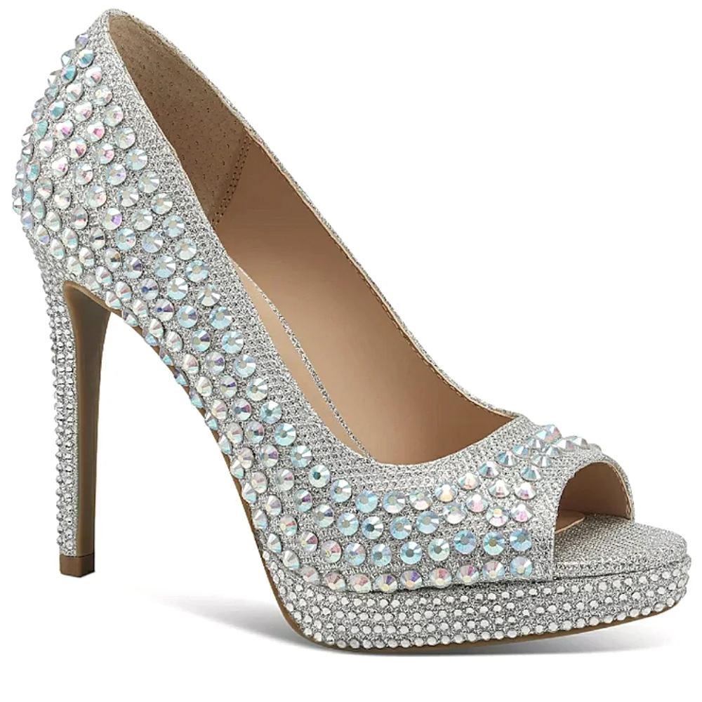 New w/Box Thalia Sodi Landon Embellished Platform Peep-Toe Dress Stilettos